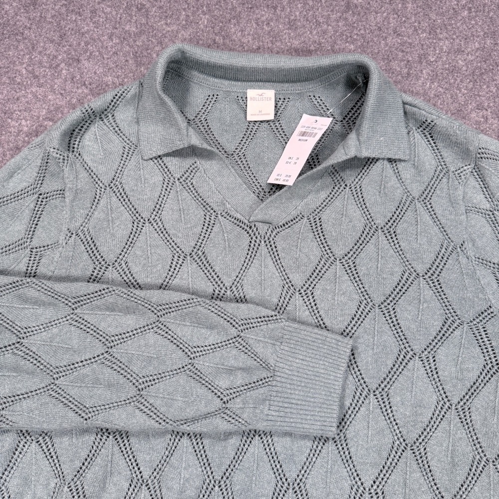 Hollister Mens Sage Green Pointelle Knit Polo Sweater Medium  NWT
